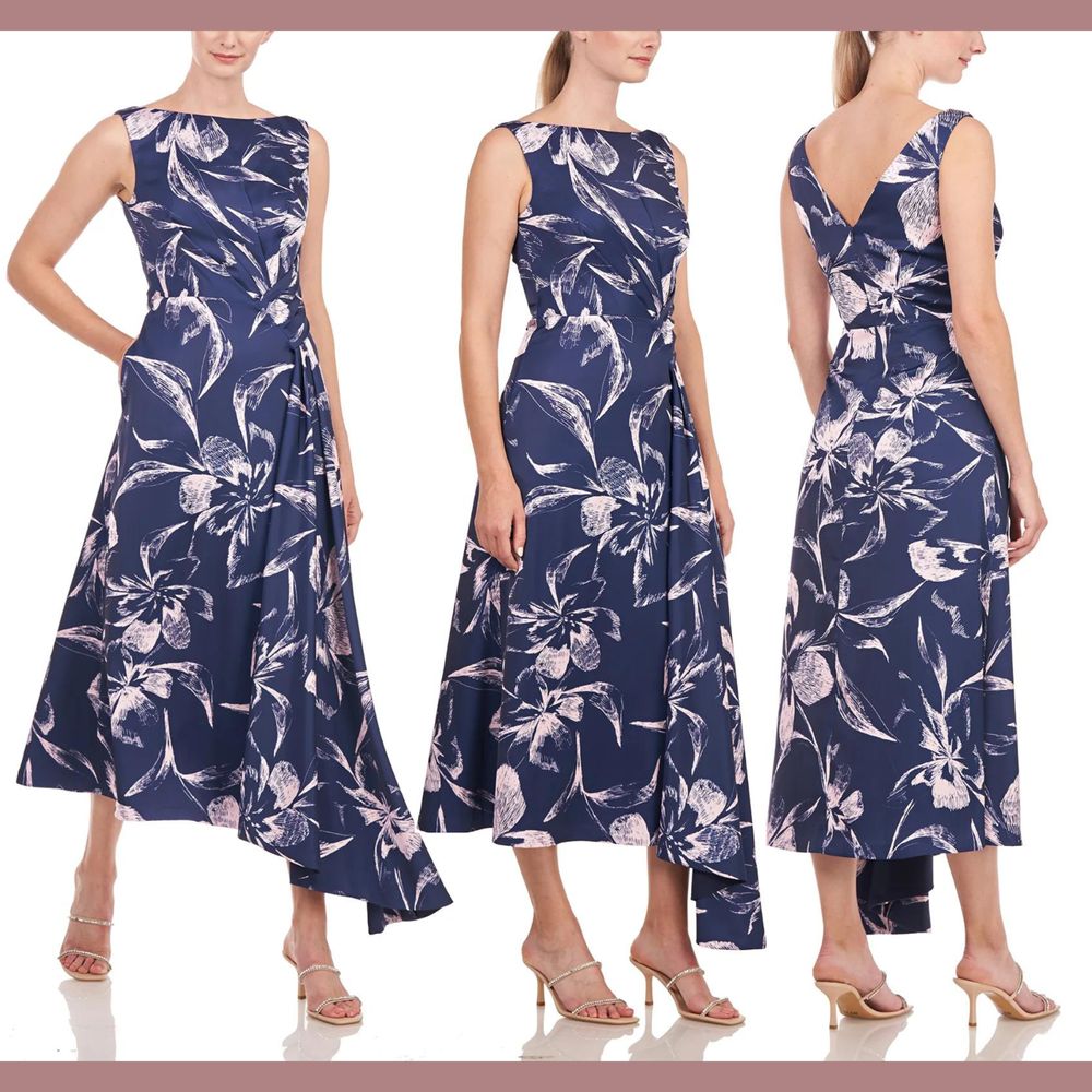 Nwt $318 Kay Unger [ 4 ] Emmaline Draped Floral Midi Dress Deep Navy Pink